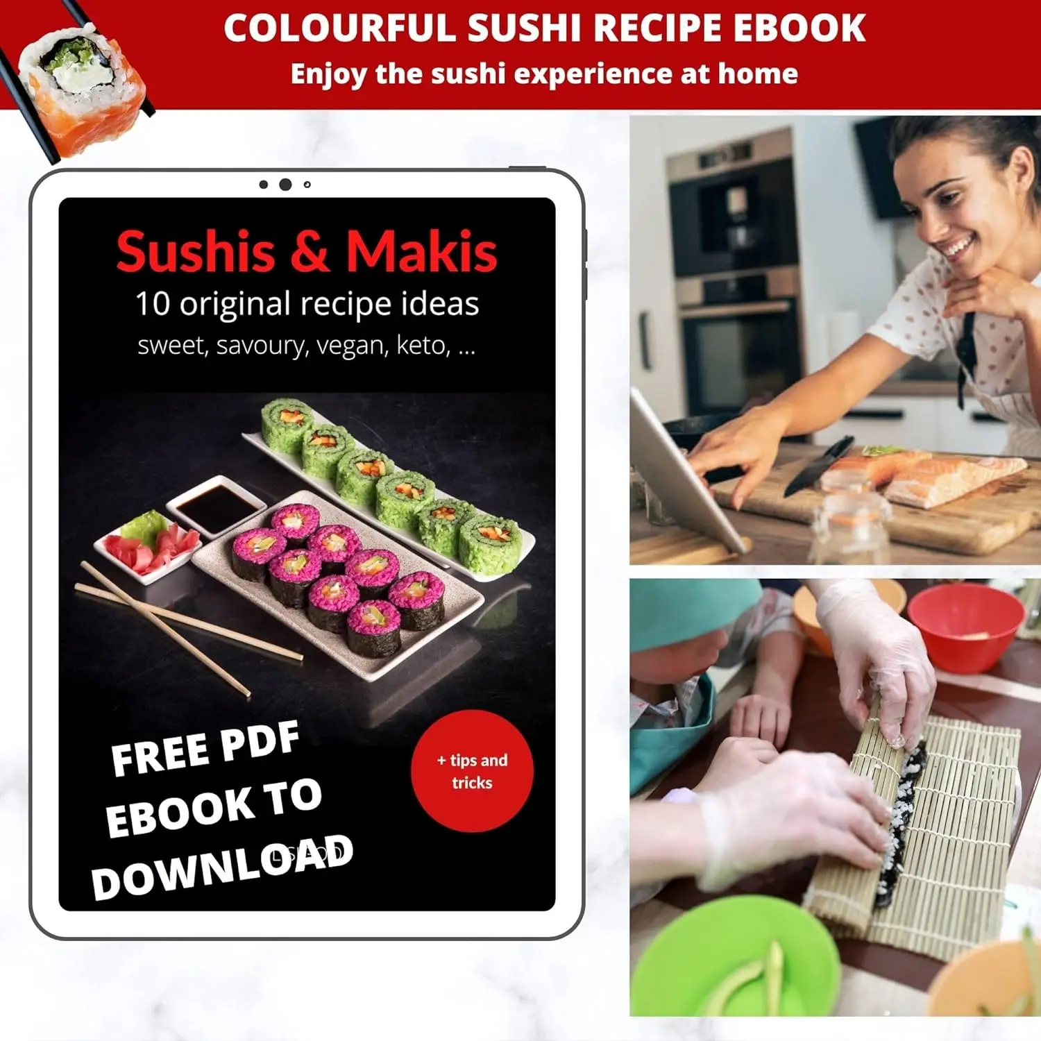 Sushi Maki Maker Complet Fabrication  Coffret Avec Bambou Couteau Japonais Baguettes Moule