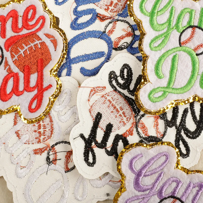 hot sale colored game day rugby design iron on embroidered glitter sport patches for clothes