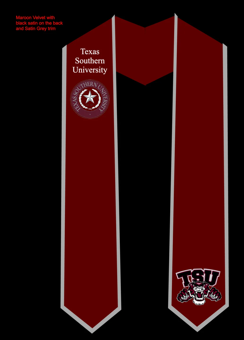 custom graduation stole in maroon velvet and a satin gray bias trim