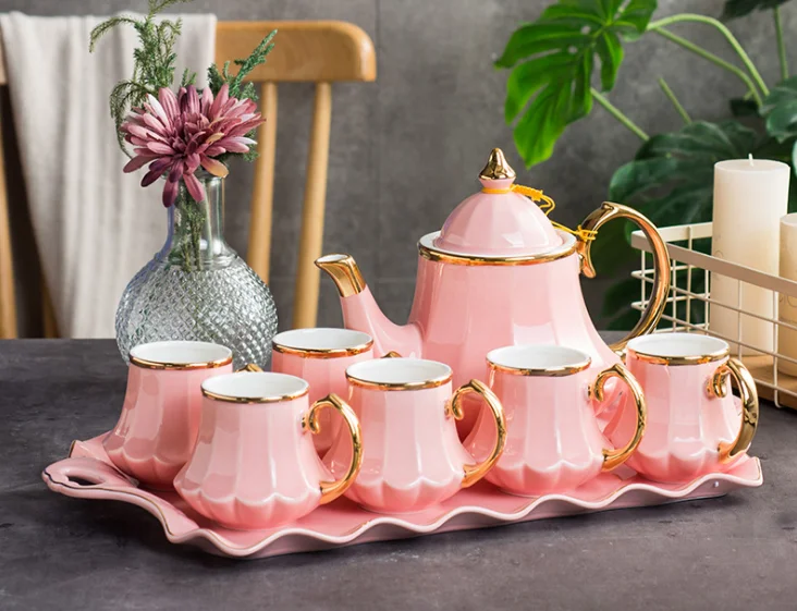 Royal Style Ceramic Coffee Tea Set Included Teapot Tea Cup And Tray Gold Trim Service For 6 Housewarming Gift For Tea Lovers