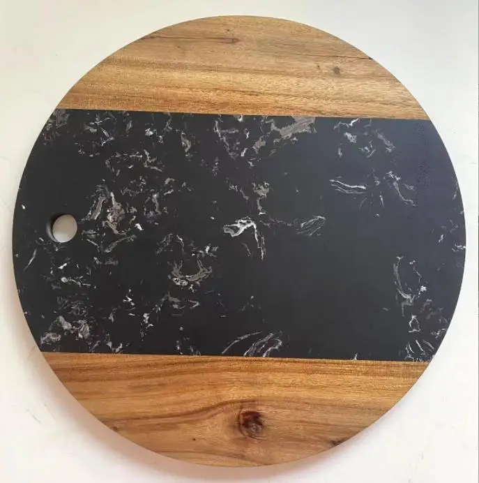 12inch Marble Cheese Board with Acacia Wood Accent - Charcuterie Board for Two - Round Marble and Wood Cheese Board - Marble Cut