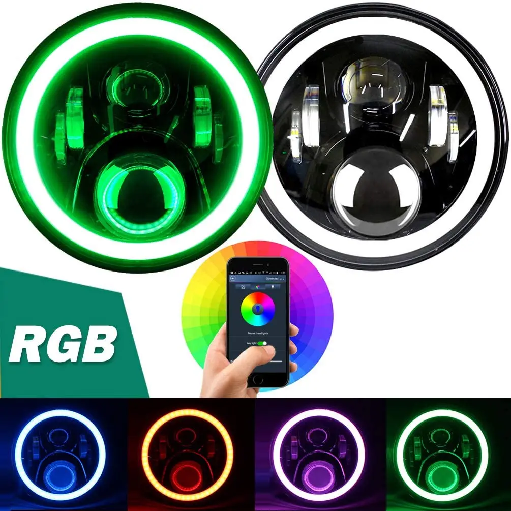 7-дюймовые светодиодные фары RGB кольцо с ореолом ангельские глазки 7 круглых многоцветных DRL пульт дистанционного управления для Jee-p Wrangle-r JK LJ CJ Saha