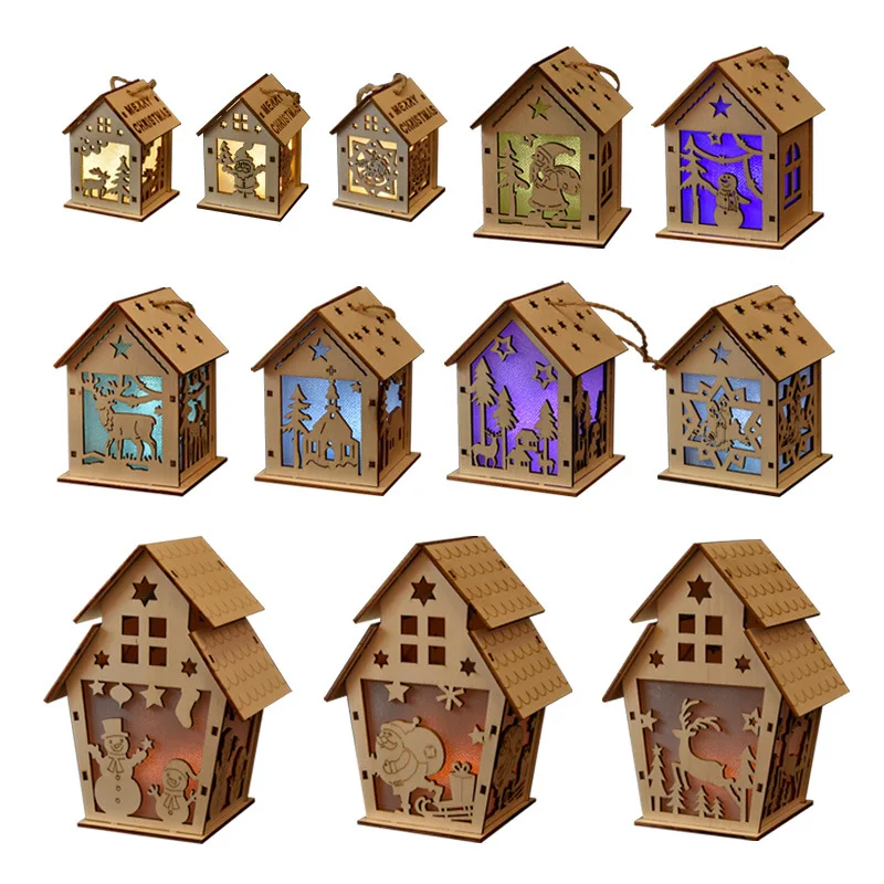 Luminous log cabin Christmas decorations Wooden crafts snow house Christmas Tree decorations hanging DIY gifts window ornaments