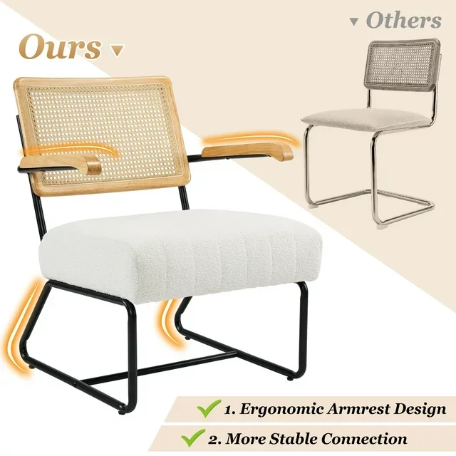 Living Room Bedroom Upholstered Sherpa Boucle Fabric Accent Chair with Rattan Backrest Solid Wood Armrest