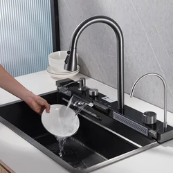 JY7546 Thickened Piano Key Multifunction Sink Anti-Scratch LED Digital Display Waterfall Kitchen Sink With Cup Washer