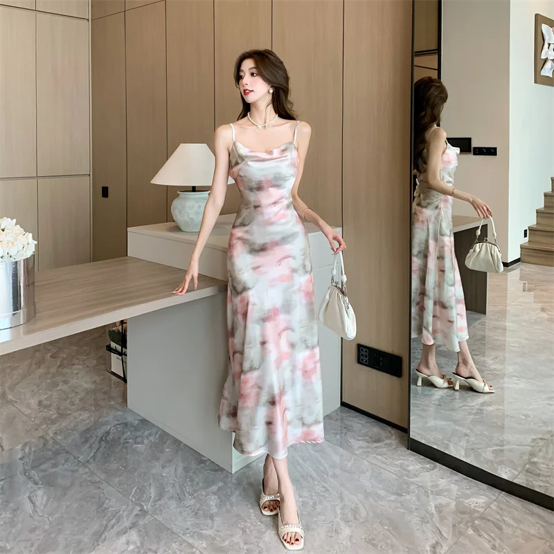 Summer Sweet Swinging Collar Casual Maxi Dress For Women Sleeveless Printed Floral Silk Dress
