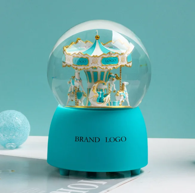 Custom logo gifts Resin Souvenir Water Globe luxury snow ball Music Automatic Snow Functions carousel horse Snow Globe with logo