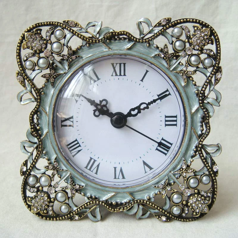 Antique Brass White Beaded Square Metal Zinc Alloy Framed Desk Clock