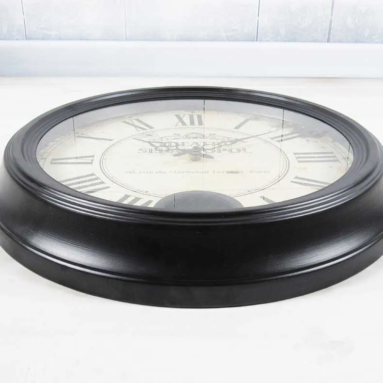 Metal Round Antique Black Wall Retro Decorative Home Pendulum Clock with Glass
