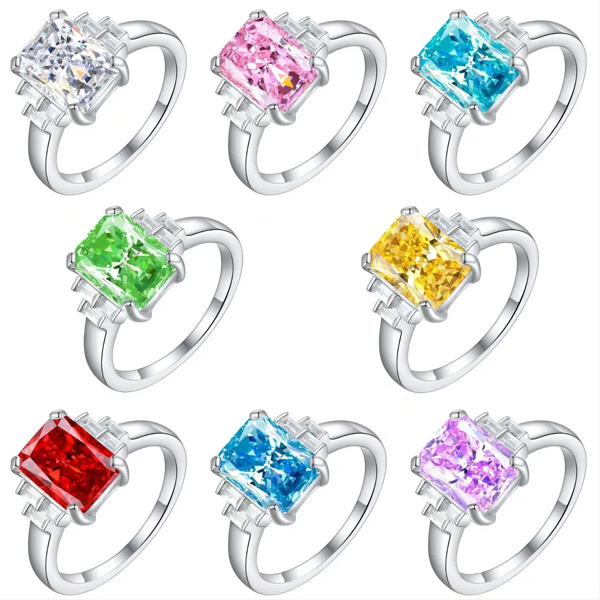 Fashion S925 Silver Birthday Party Wedding Ring Baguette Band Shiny Cut Diamond Zirconia 925 SIlver Women Rings
