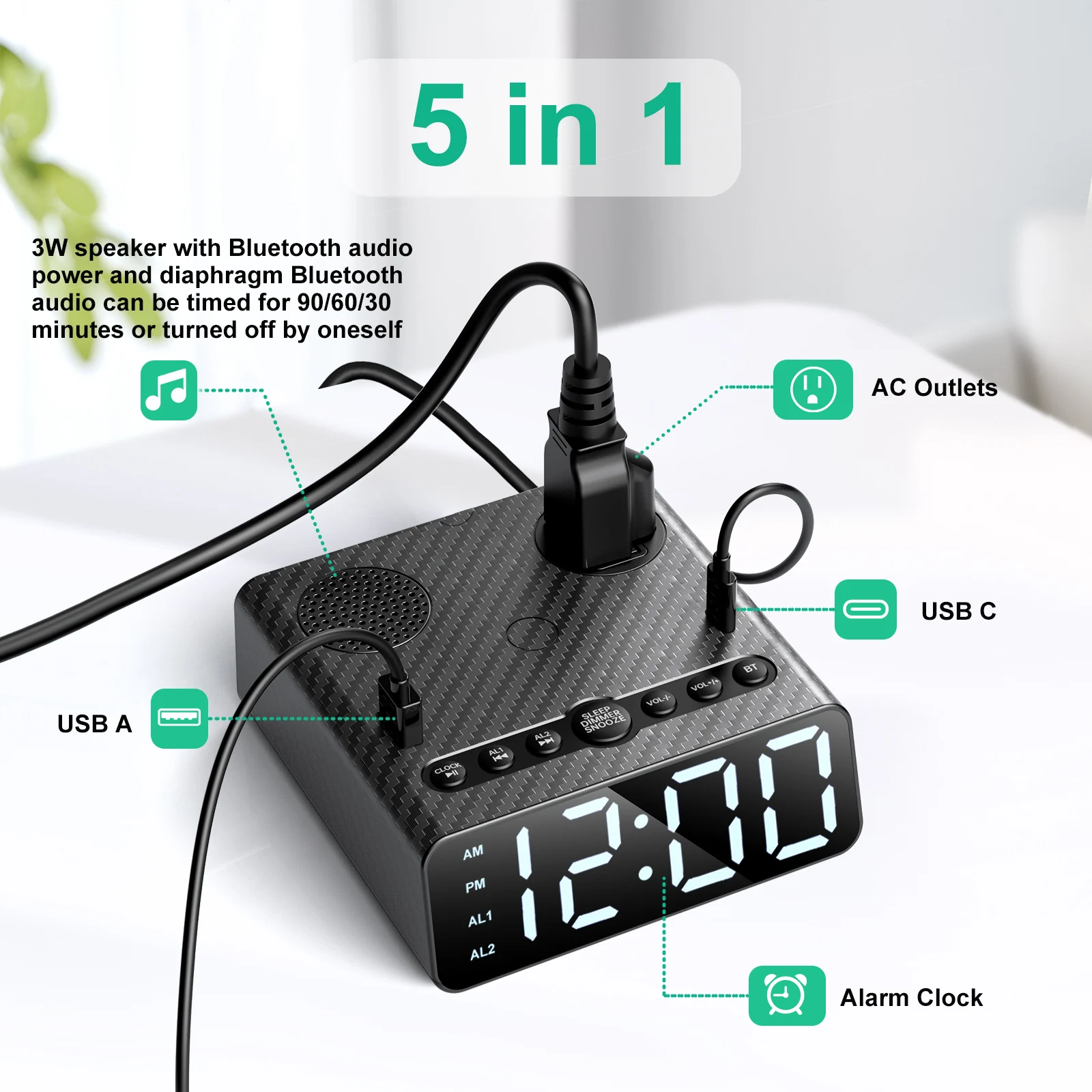 DS09 blue-tooth speaker USB and outlet hub hotel power strip snooze alarm clock socket