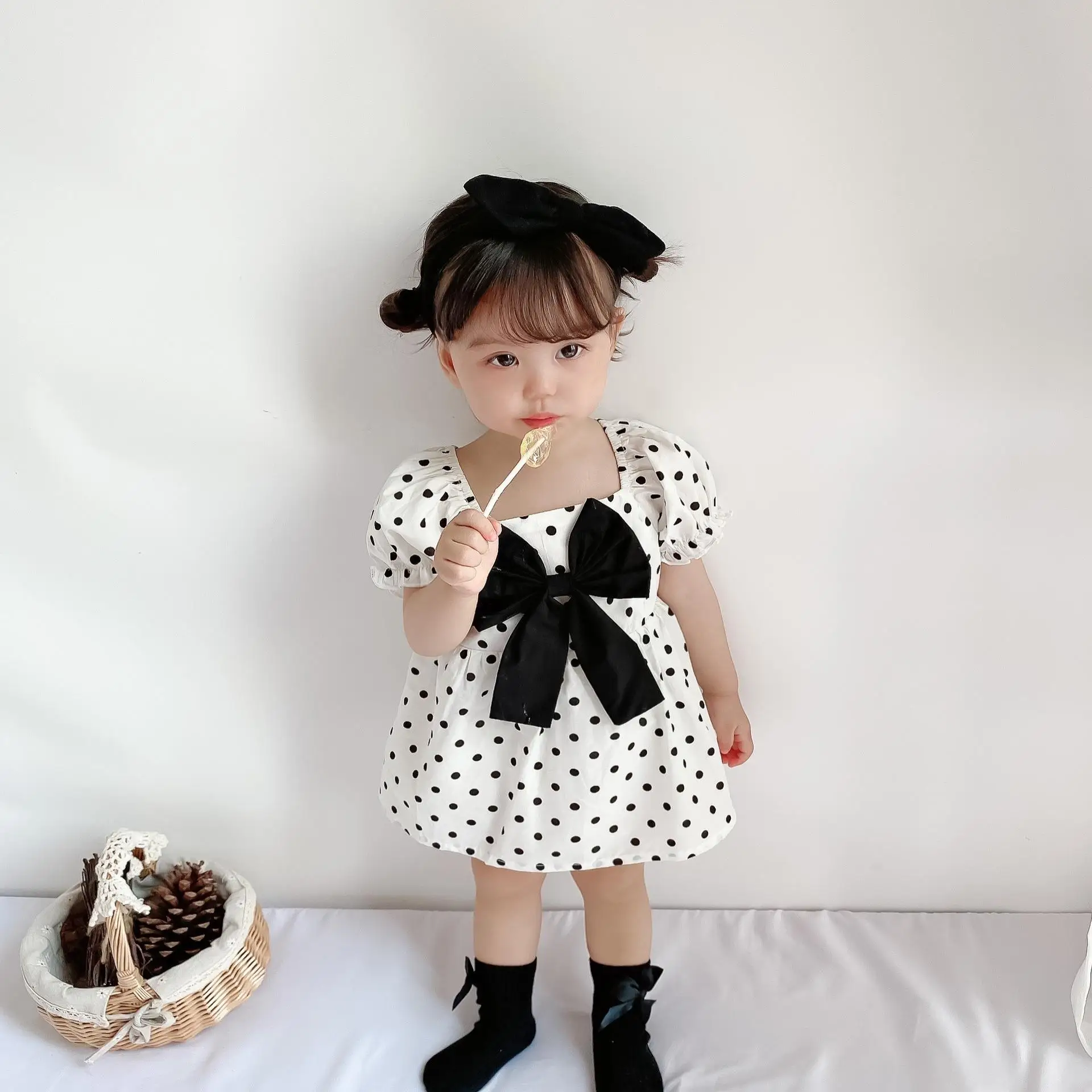 Korean version wave point foreign style baby bow princess skirt pure cotton short sleeve baby dresses