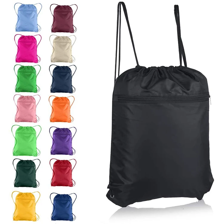 Custom logo recycle waterproof 600d polyester drawstring bag with front zipper pocket
