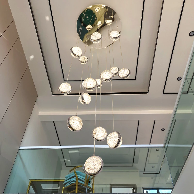 Modern Duplex spiral staircase long light luxury crystal ball Stainless steel chandelier loft apartment chandelier