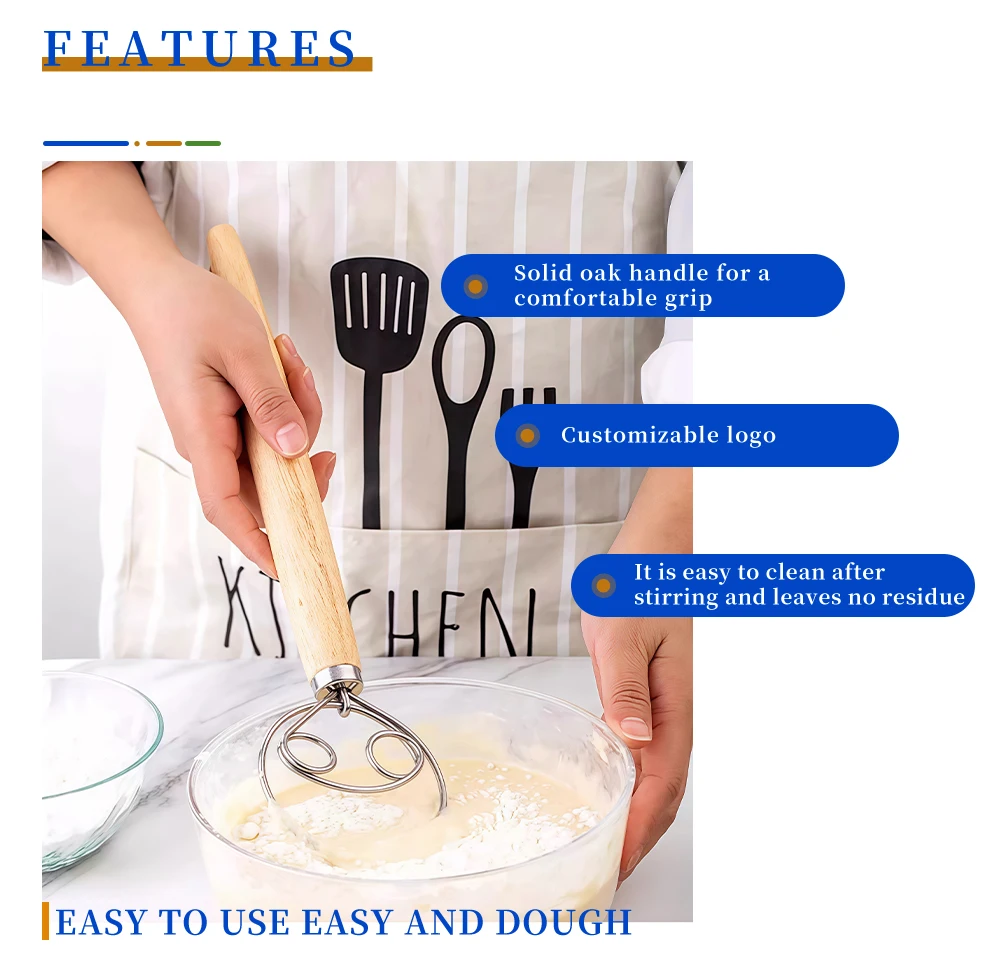 XL Baking Tools Cake and Pastry Wooden Handle  Stainless Steel Bread Danish Dough Whisk Blender Dutch Bread Mixer