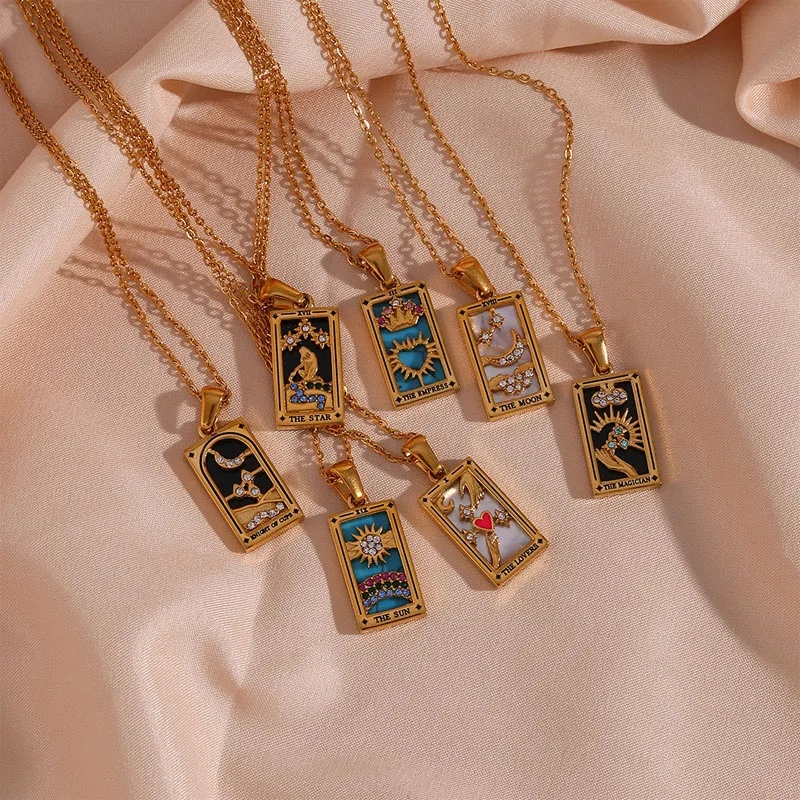 Fashion Square Colorful Enamel Zircon Tarot Cards Pendant Necklace 18K Gold Plated Stainless Steel Necklaces Jewelry  For Women