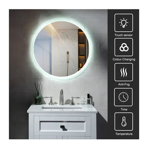 Round Make Up Toilet Smart Touchscreen Mirror Light Wall Bathroom Mirror Led Smart With Digital Clock