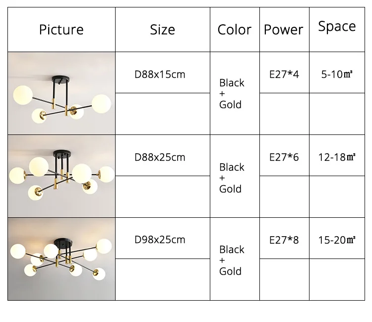 Modern Nordic Bedroom Living Room Dining Room Lamps Indoor Light E27 Black Gold Glass Ball Brass LED Chandelier Ceiling Light
