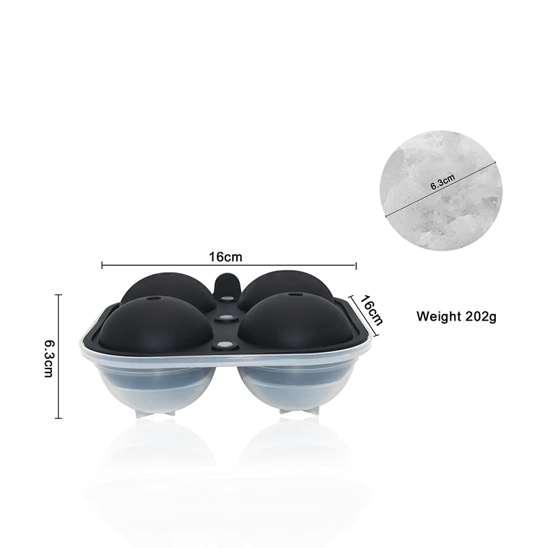 4 Cavity Sphere Ice Cube Maker BPA free Large Silicone Ice Ball Maker with Plastic Base