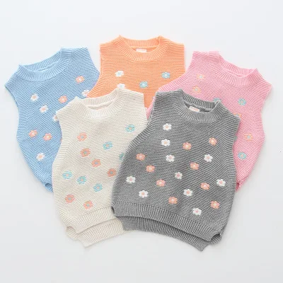 Осень-зима 2021, свитер без рукавов с 3D цветочной вышивкой, детский вязаный жилет