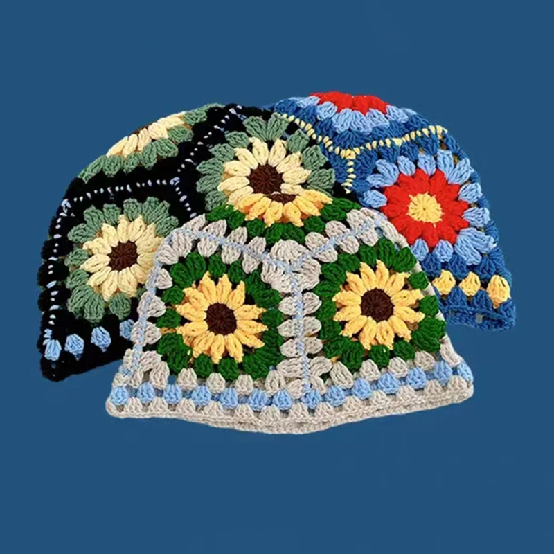 New Vintage Openwork Flowers Knitted Fishman Hat Niche Hand-crocheted Yarn Contrasting Cute Forest Pot Hat Visor Cap Wholesales