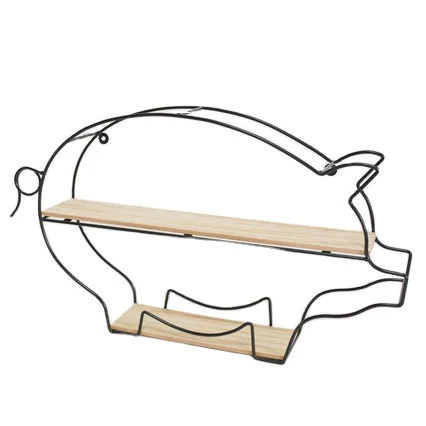 Hot Sale 2 Tier Rustic Farmhouse Pig Shaped Decorative Metal Framed Rack Wooden Wall Mounted Display Shelf