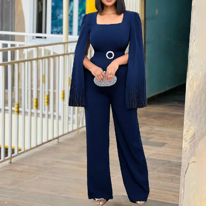 Latest Design Solid Color Plus Size Jumpsuits Elegant Beaded Cloak Wide Leg Jumpsuit With Belt