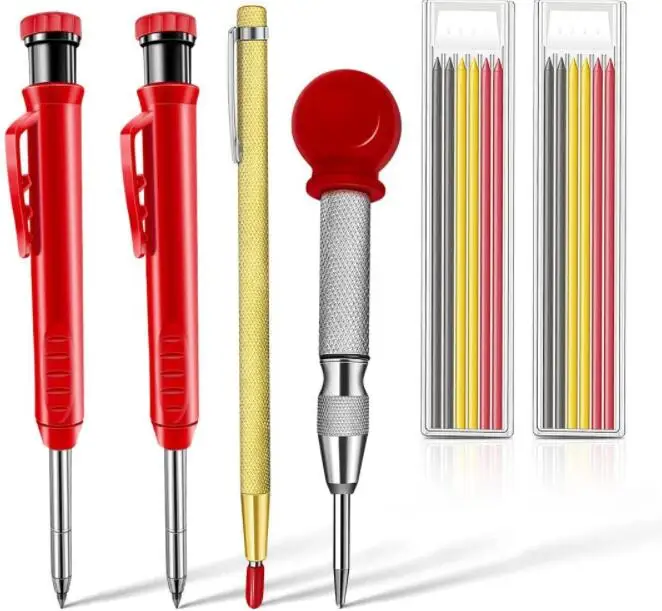 Bviwe Art Mechanical Carpenter Pencil Set  with Built-in Sharpener, Automatic Center Punch, Metal Carbide Scriber, 6PCS Refills