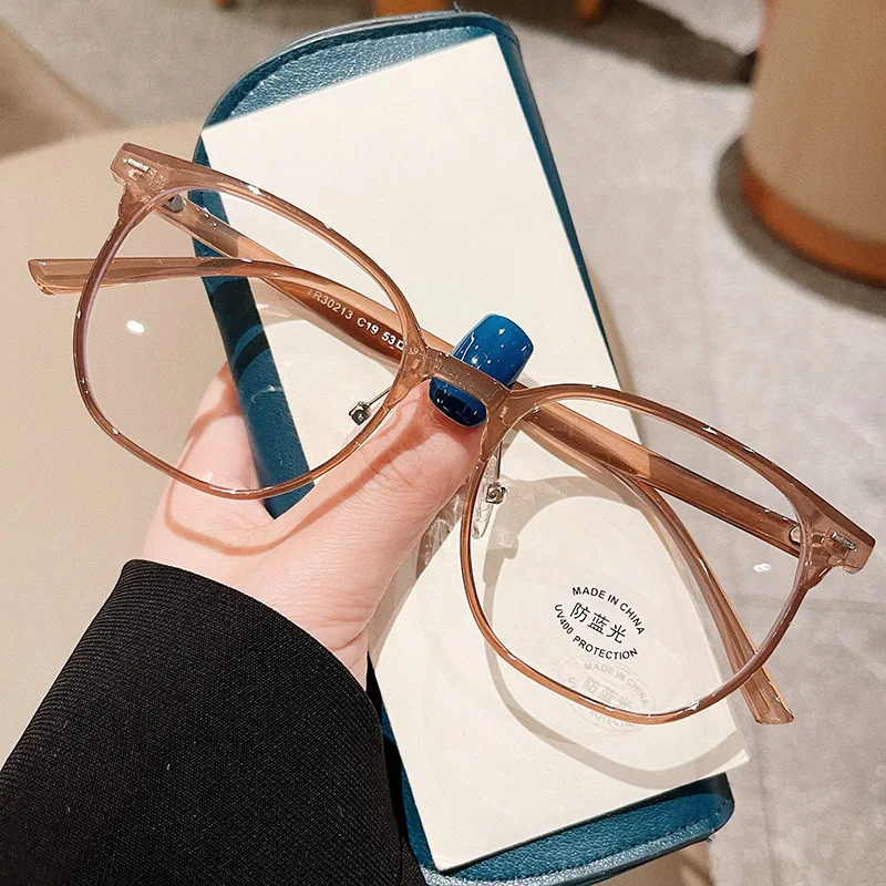 New TR90 Big Square Frame Myopia Glasses Frame Korean Version Rivet Irregular Plain Lens Women Blue Light Glasses