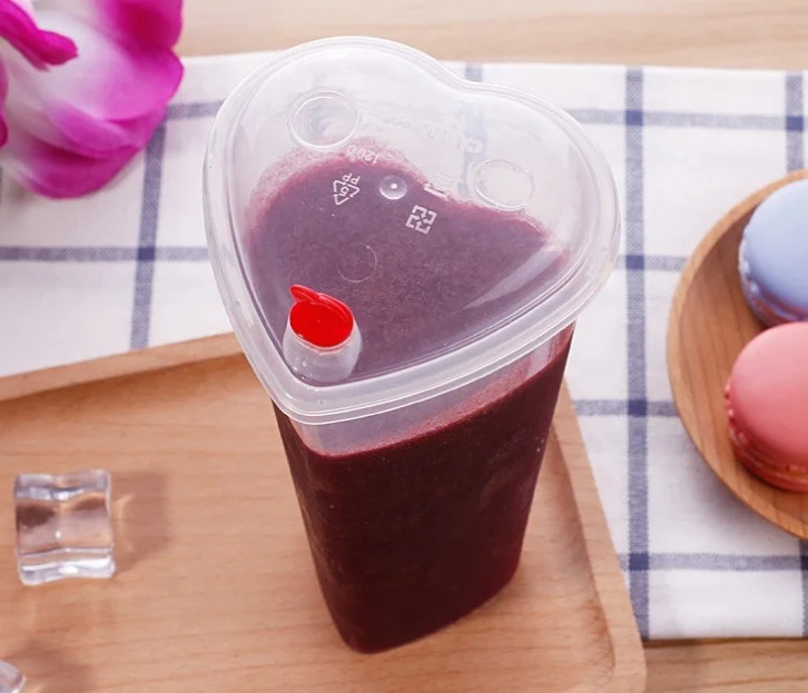 16oz 22oz Heart Shaped Boba Cup Disposable PP Plastic Injection Boba Bubble Tea Cup and Lid and Straw for Juice Milk Tea