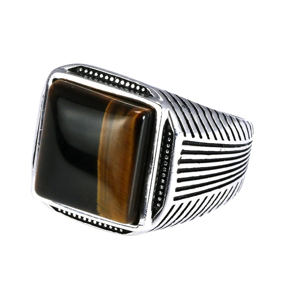 New Arrival Sterling Silver 925 Man Ring Tiger Eyes Fine Jewelry Stripe Pattern Natural Stone Cool Retro Punk Custom Jewelry