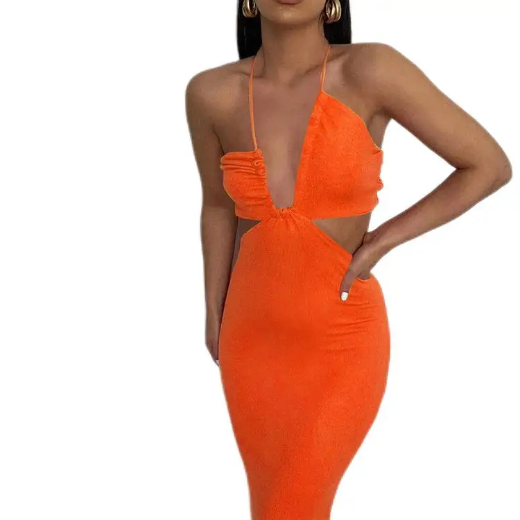 2022 Summer New Fashion Sexy Hollow Open Back High Waist Pleated Bandage halter strap Slim Casual Women Dresses