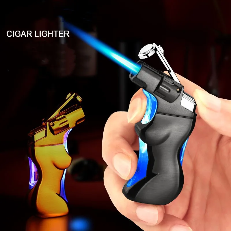 Fire Jet Cigar Torch Lighter Butane Fuel Refillable for Smoking with Unique Sexy Woman Body and Blue LED Lighters Design