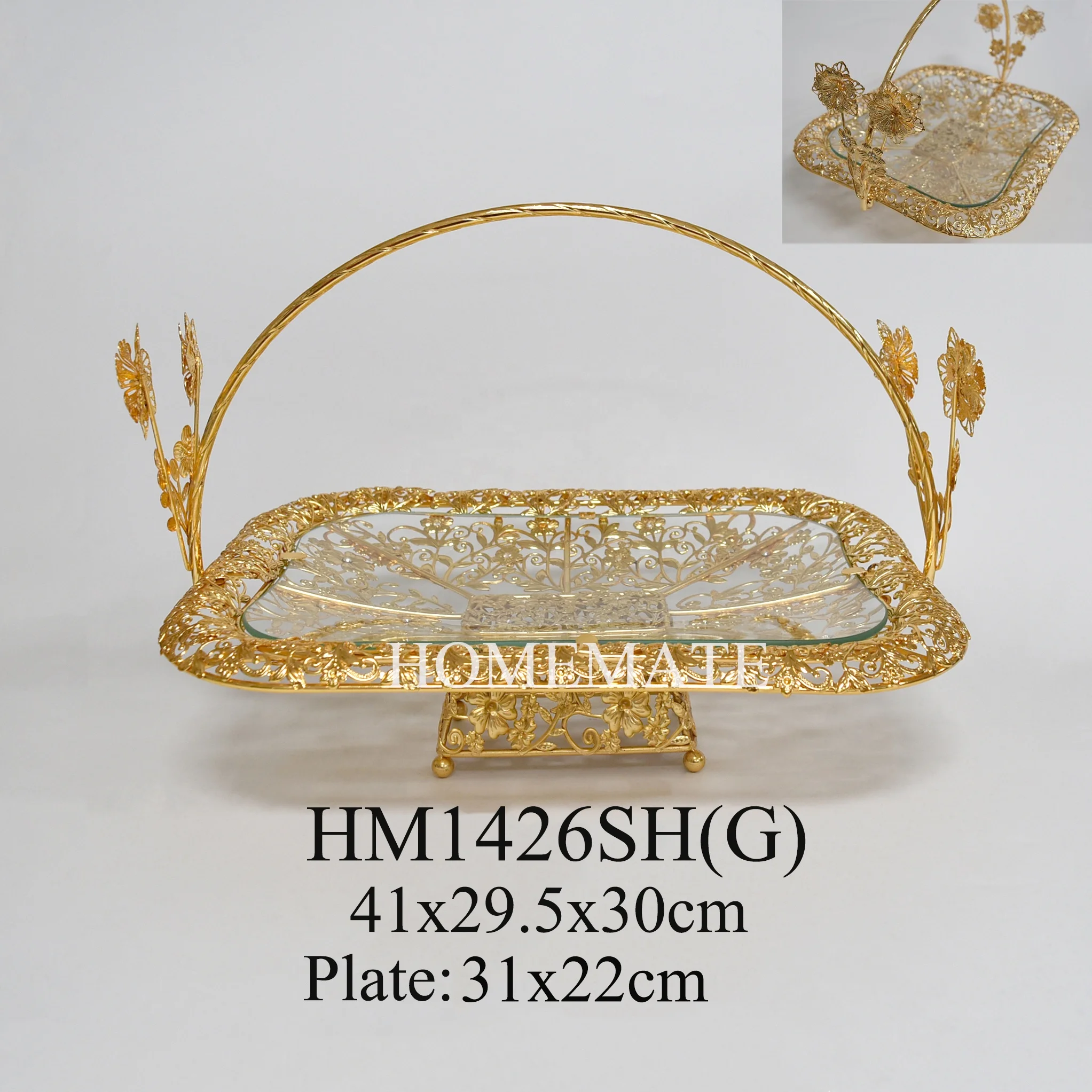 Wholesaler decorative metal silver gold plated glass fruit basket cake stand for wedding party
