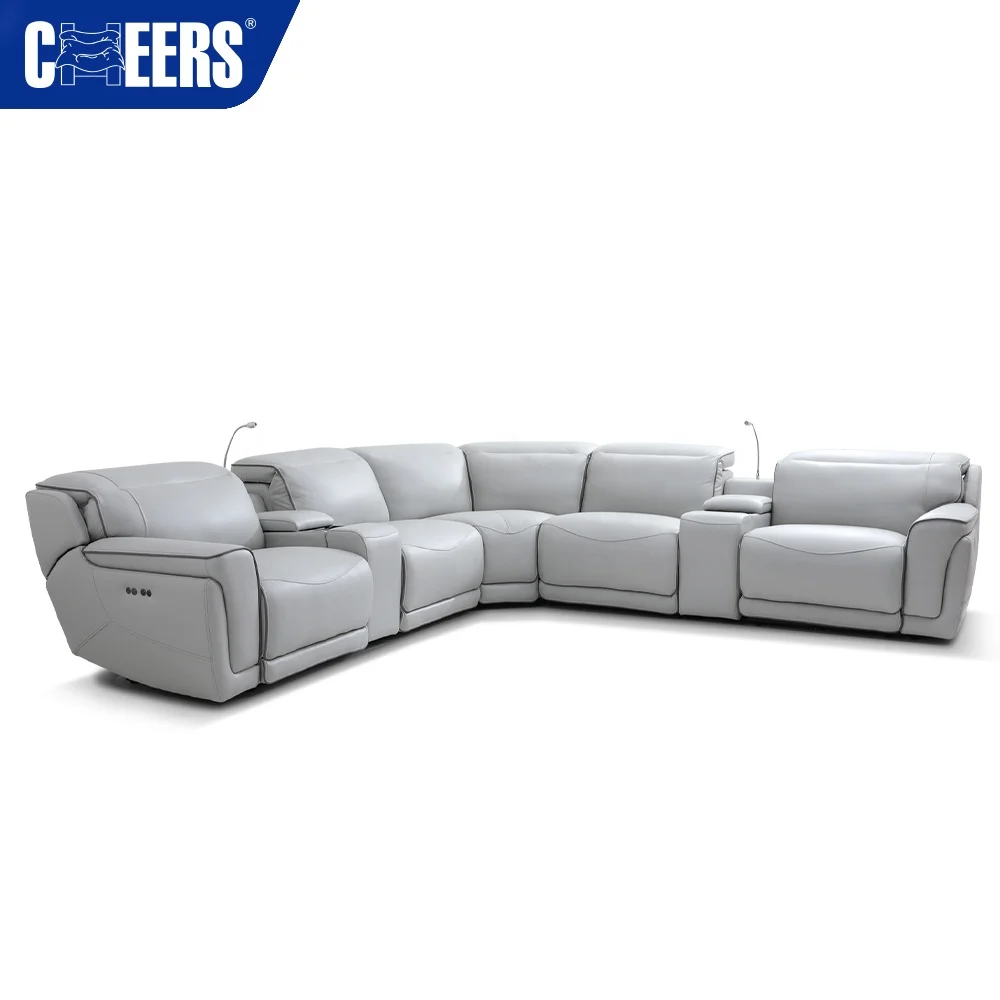 MANWAH CHEERS Genuine Leather Recliner Sectional Sofa With Led Light and Cup Holder, Living Room storage Sofa