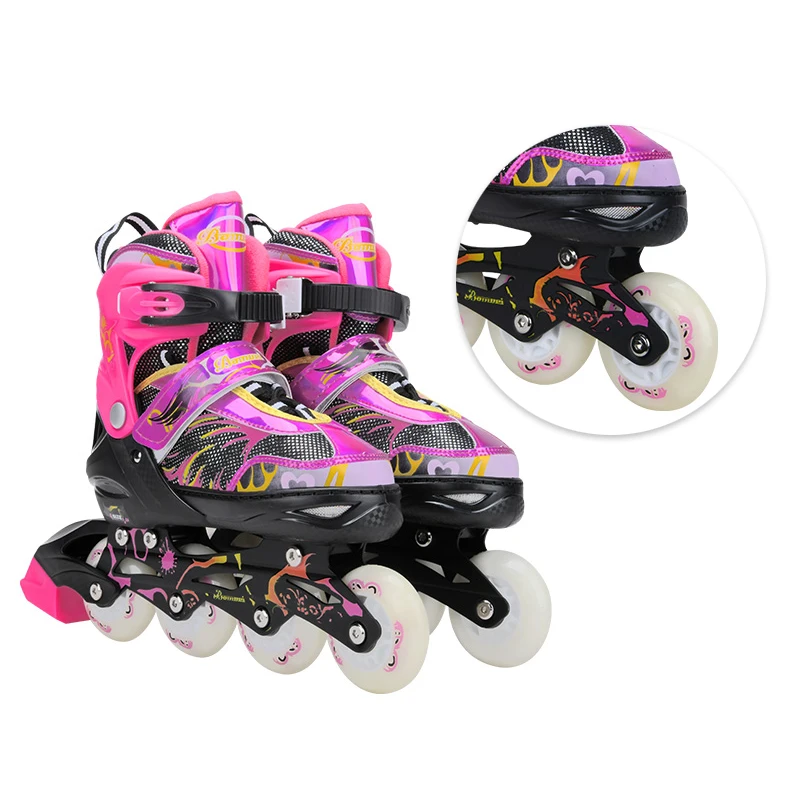 4 Wheels Waterproof Safe Sensitive Brake Cheap Adjustable Portable Flashing Roller Children Kids Pink Inline Skates Shoes