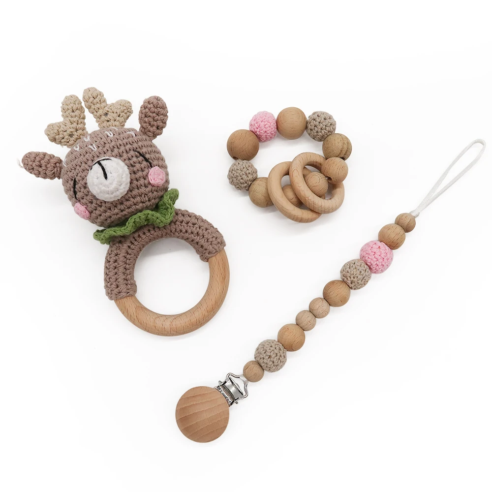 Hot sale handmade crochet toys animal elephant giraffe rabbit teethers children soother Rattle Toy baby wooden rattle