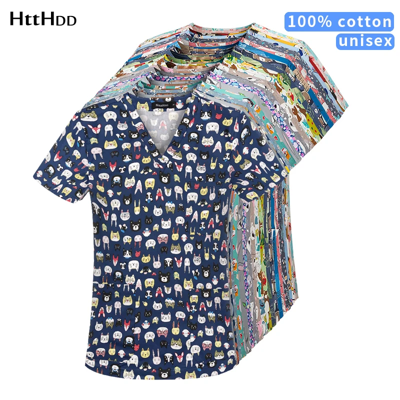 htthdd Cartoon printing scrubs tops pet grooming work uniform beauty salon workwear cotton health service costume women lab coat