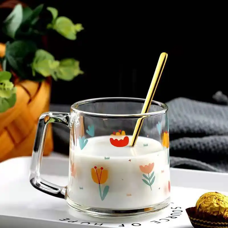 330ml Creative Glass Ins Cute Little Daisy Tulip Strawberry Prints Breakfast Glass Cup Household Water Cup Mug