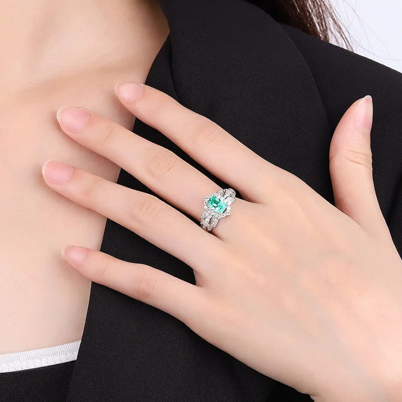 Jewelry S925 Silver simulation green tourmaline square 3 carat retro style ring main stone 5*7