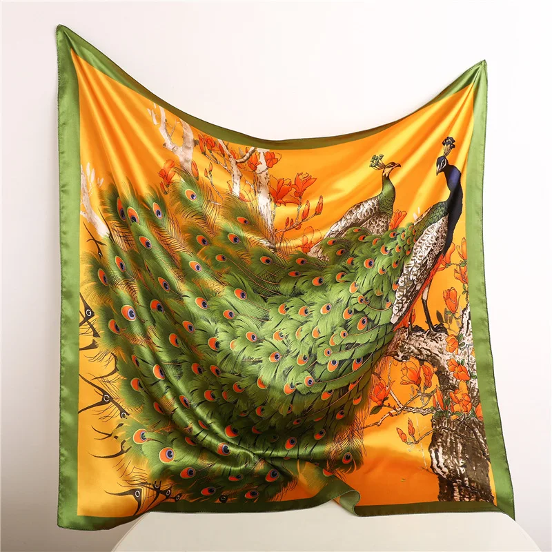 Silk Undercap Hijab 90*90  Silk Hair Scarf With Peacock Print Breathing Shawl Large Square Silk Scarf Women
