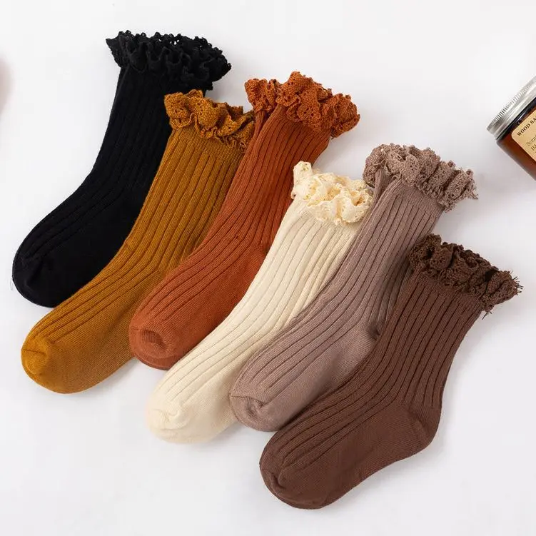 Fall Winter Korean Fashion Solid Color Lace Ruffle Princess Stocking Soft Cotton Fancy Ruffle Kids Girls Long Socks