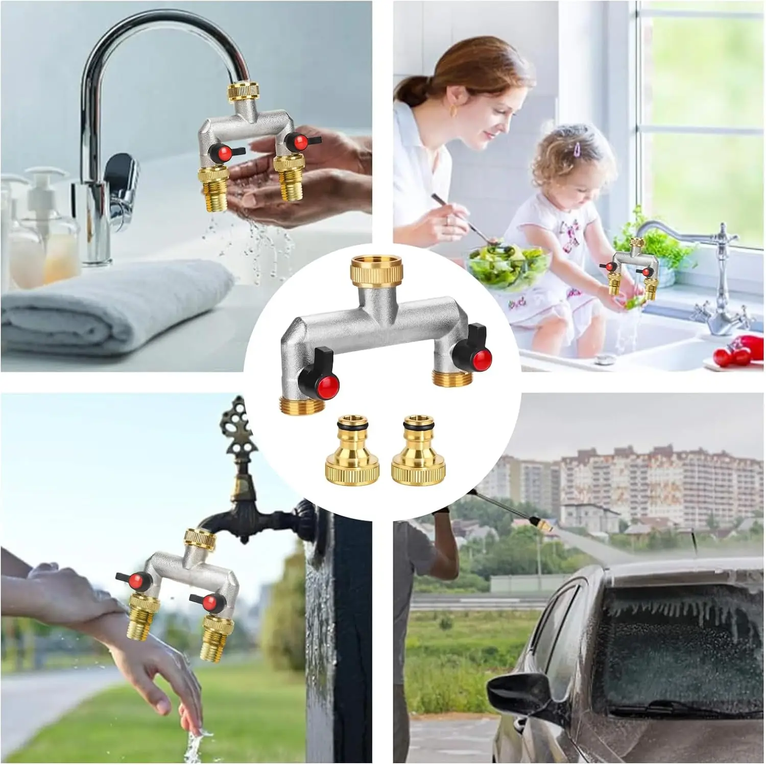 Lexia 3/4 2 Way 3 Way Brass Garden Hose Fitting Tap Faucet Splitter Garden Water Hose Connector