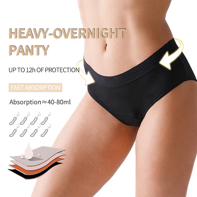Custom Women Black Physiological  Underwear 4-Layer Bamboo Heavy-Overnight Leak Proof Absorption Menstrual Period Panty Panties