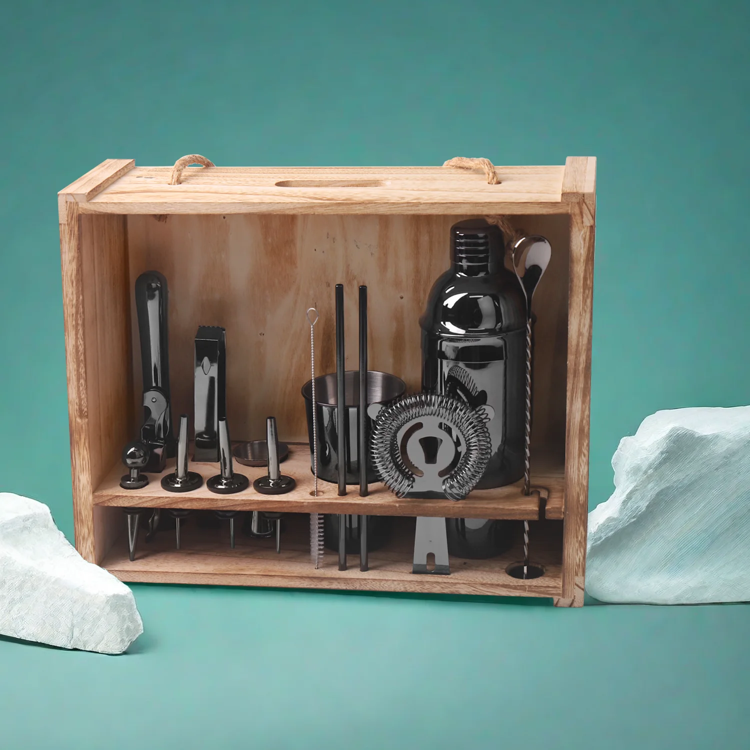 Stainless Steel Cocktail Shaker Set Bartender Kit with Wood Stand Perfect Home Bartender