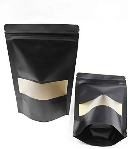 Black Kraft Paper Resealable Bags Zip Lock Black Stand up Snack Packing Zipper Pouch Bags with Matte Window and Tear Notch