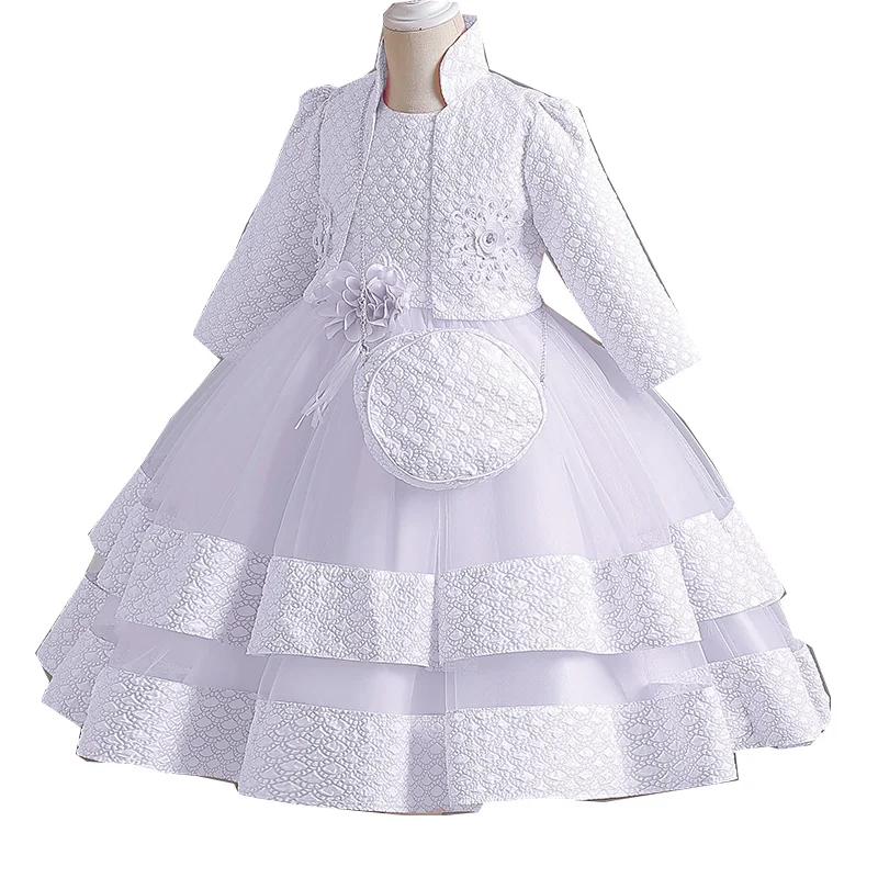W2903   Kid Clothes Wholesale 3 pcs A Suit Baby Girl Long Sleeves Princess 6 Year Wedding Party Dress With Bag