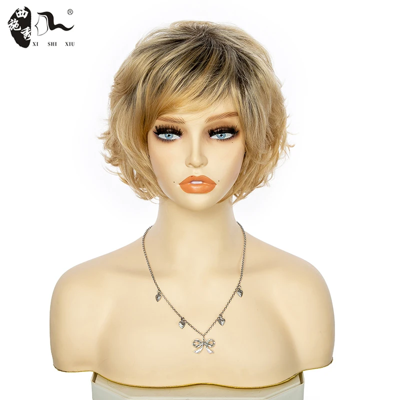XISHIXIUHAIR Fluffy Short Wig for white women Blonde Synthetic Curly Short Hair Wig Ombre color
