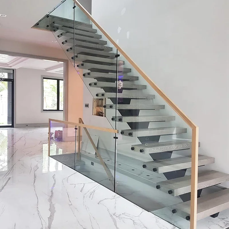 Single Stringer Stair Case With Ultra Clear Tempered Glass Railing Solid Wood Tread Nosing For American Building Standard