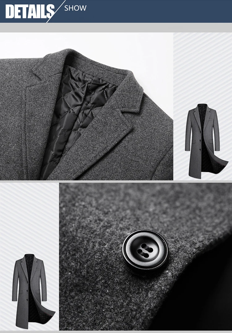 Winter Spring Turn Down Collar Thick Warm Long Wool Trench Coat for Men